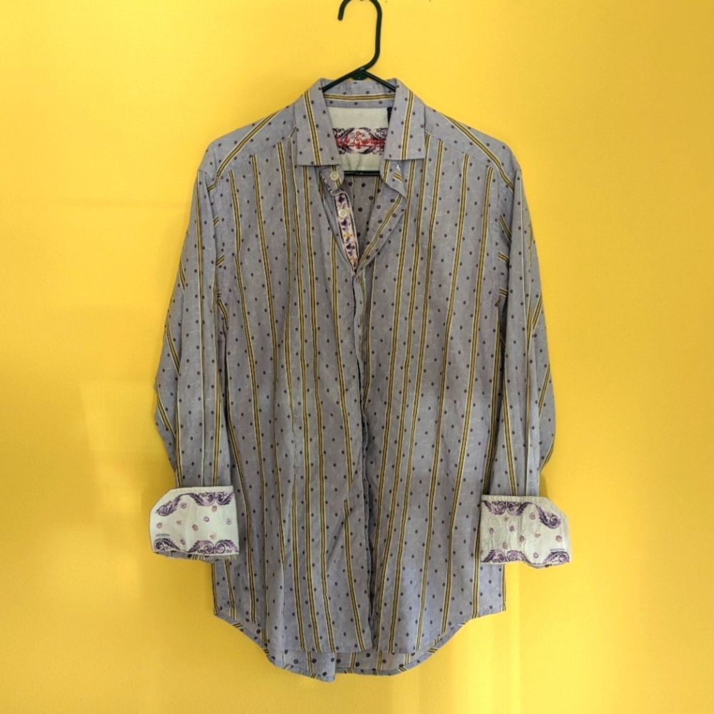 Robert Graham Men's Tailored Fit Collar Dress Shirt Size Large Purple Stripes